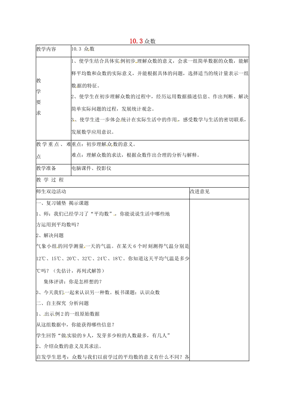 七年级数学下册 10.3《众数》教案 鲁教版_第1页