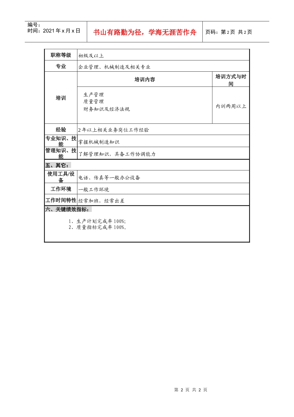 仪器生产企业机械加工外协工程师职位说明书_第2页