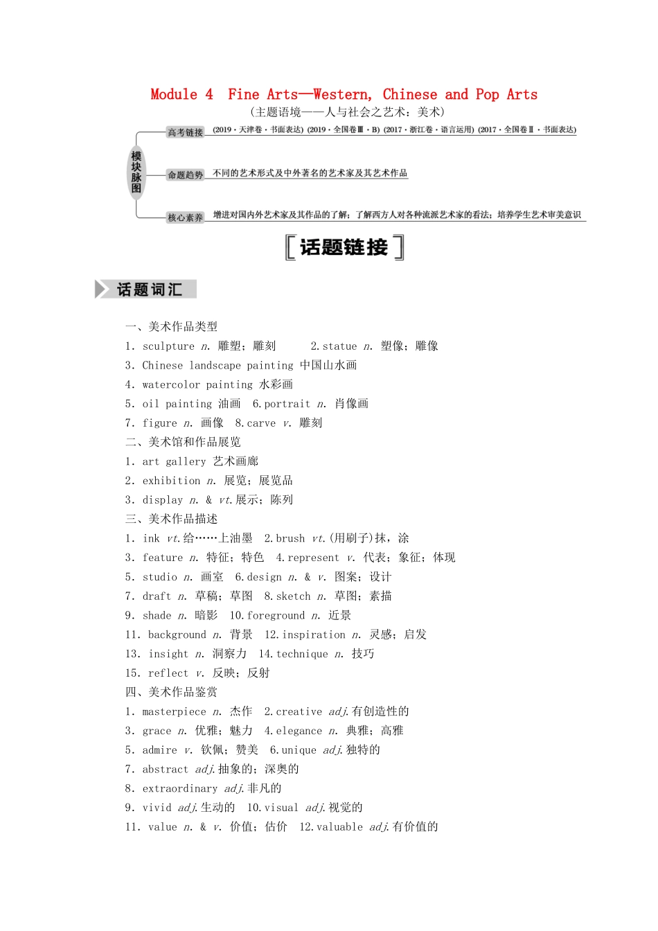 高考英语一轮总复习 Module 4 Fine Arts—Western Chinese and Pop Arts（教师用书）教案 外研版必修2-外研版高三必修2英语教案_第1页