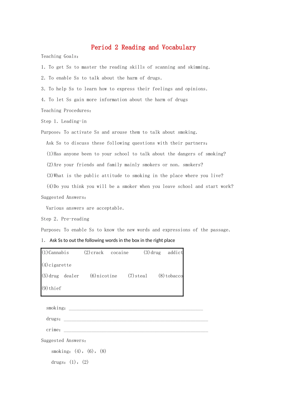 高中英语 Module 2 No Drugs Period 2 Reading and Vocabulary教案 外研版必修2-外研版高一必修2英语教案_第1页