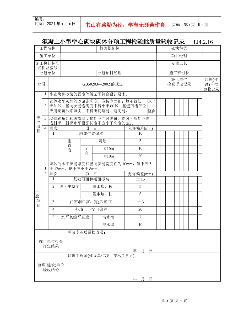 131 混凝土小型空心砌块砌体分项工程检验批质量验收记录TJ4-2-16_第1页