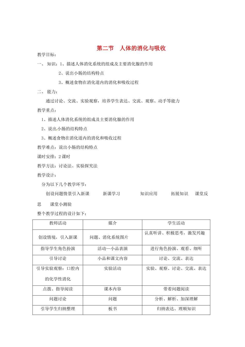 七年级生物下册《9.2 人体的消化与吸收》（第二课时）教案 苏教版_第1页