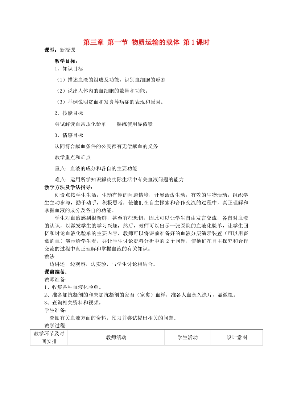 七年级生物下册 第三章 第一节 物质运输的载体（第1课时）教案 济南版_第1页