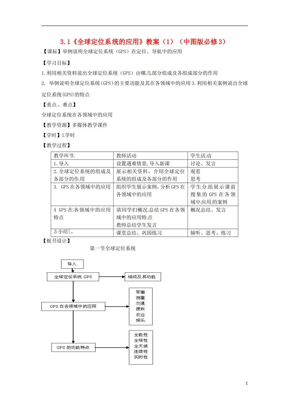 高中地理 3.1《全球定位系统的应用》教案（1） 中图版必修3_第1页