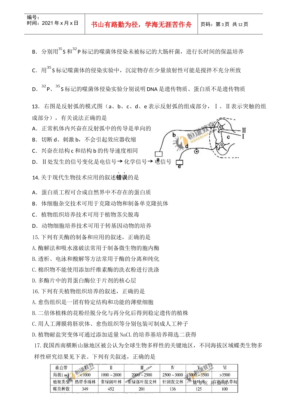 XXXX年普通高等学校招生全国统一考试及解析(江苏卷生物试题)_第3页