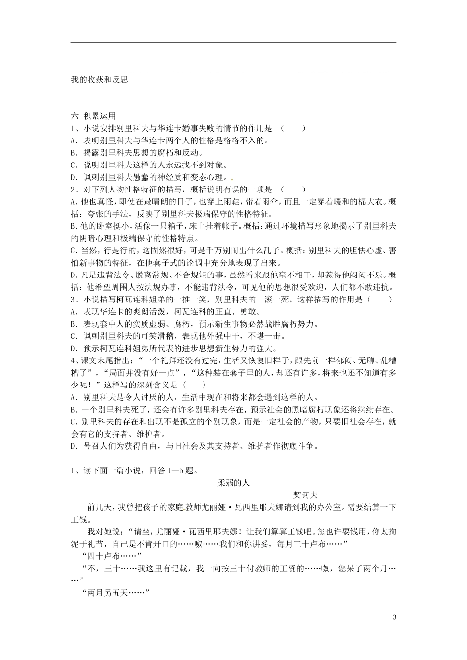 安徽省黄山市田家炳实验中学高中语文 第一单元 装在套子里的人学案 新人教版必修5_第3页