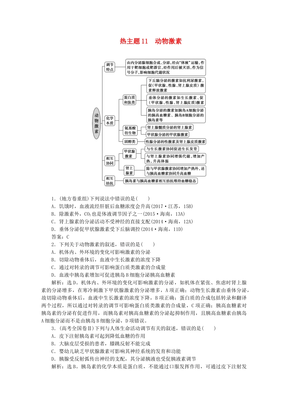 （京津鲁琼版）高考生物二轮复习 热考主题11 动物激素讲义-人教版高三全册生物教案_第1页