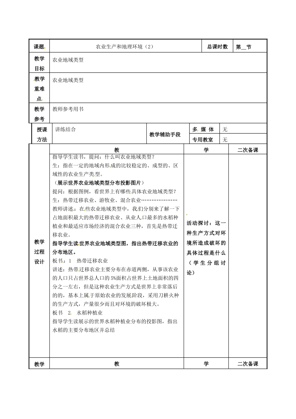 高考地理一轮复习 第三单元 第一节《农业生产与地理环境（1）》教案（必修2）-人教版高三必修2地理教案_第2页