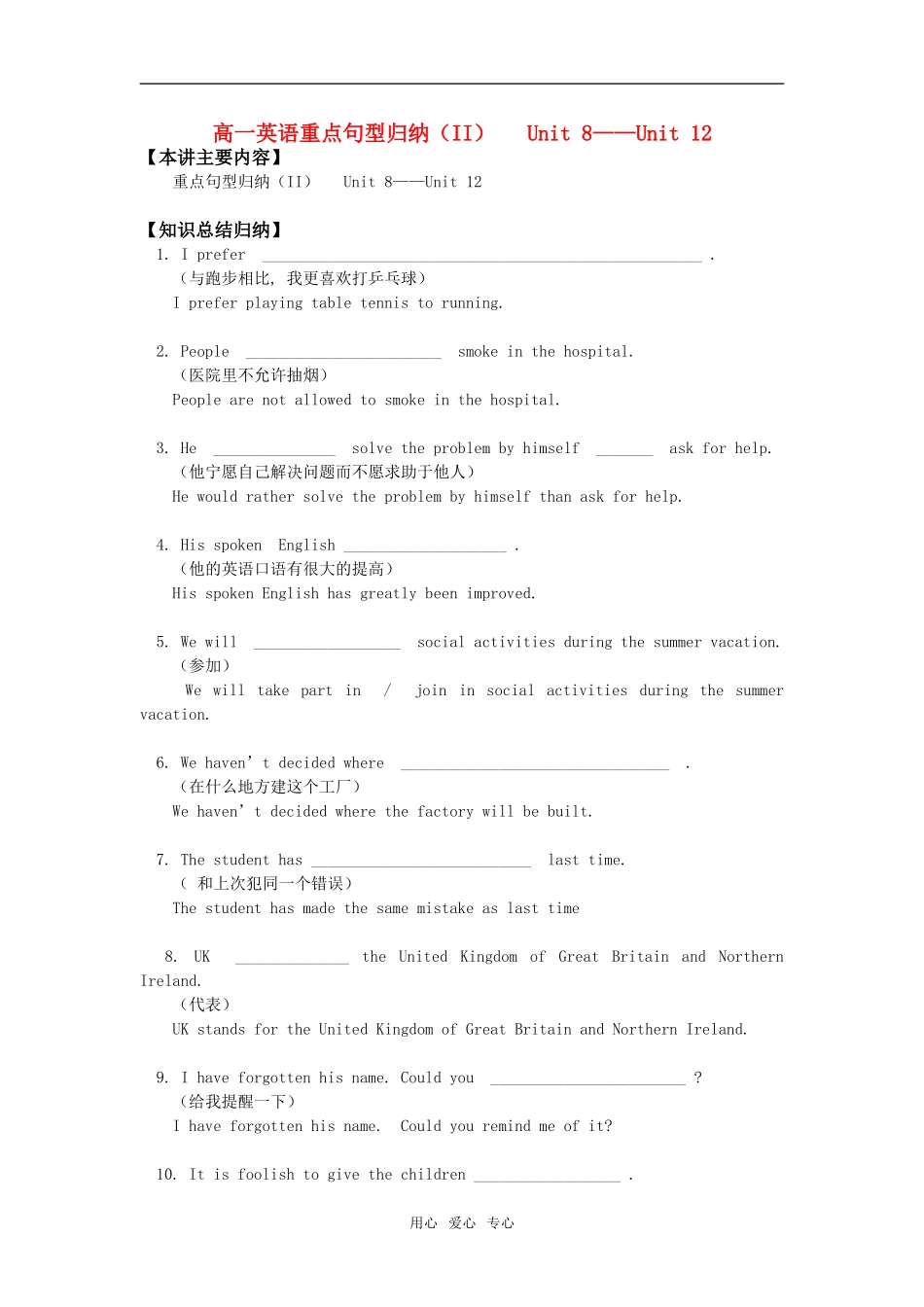 高一英语重点句型归纳（II）   Unit 8——Unit 12知识精讲_第1页