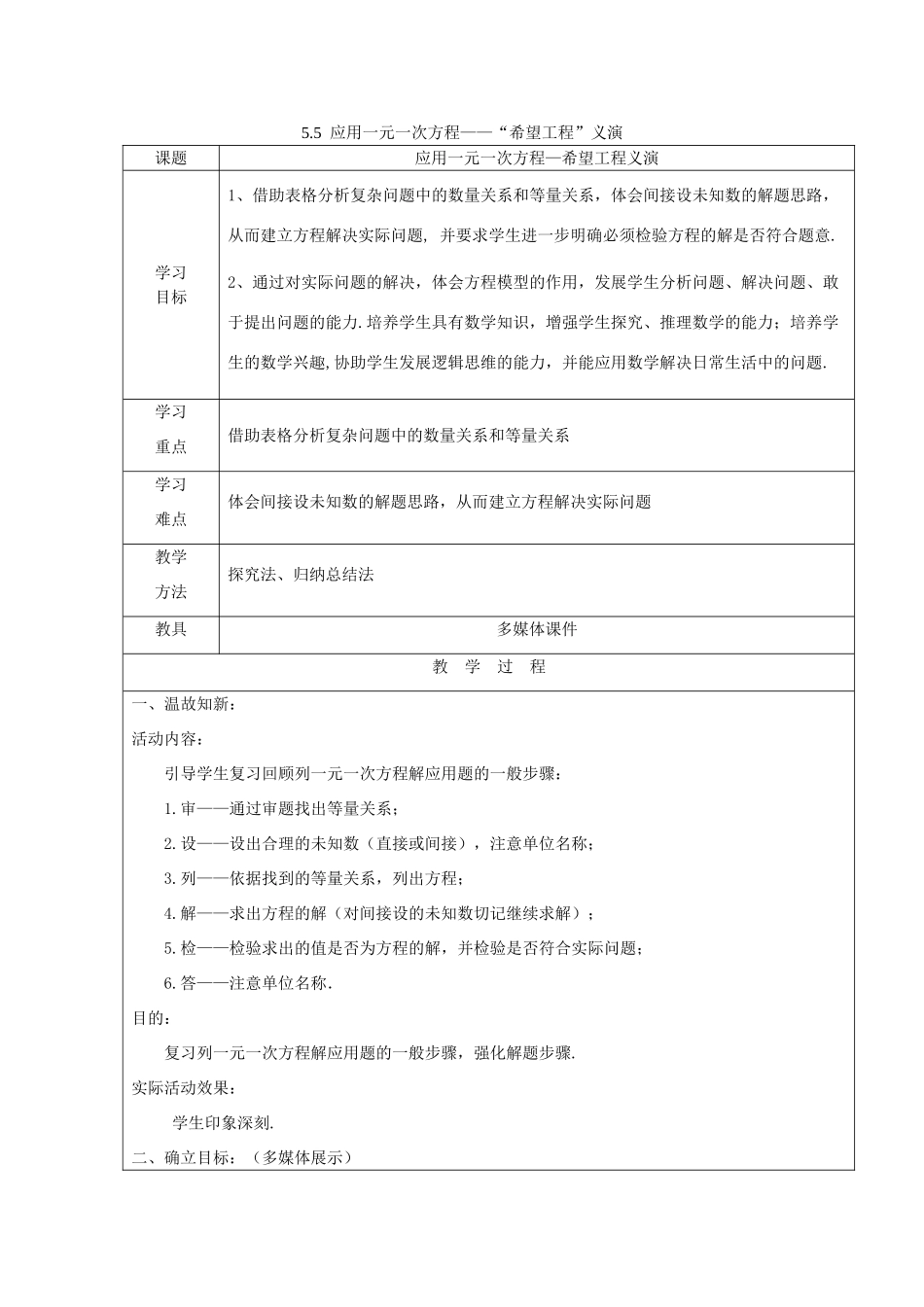 七年级数学上册 第5章 一元一次方程 5.5 应用一元一次方程—“希望工程”义演教案2 （新版）北师大版-（新版）北师大版初中七年级上册数学教案_第1页