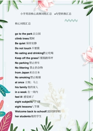 小学英语核心高频词组汇总+句型转换汇总