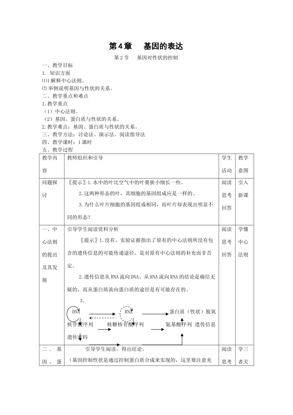 高中生物生物：4.2《基因对性状的控制》教案新人教版必修2_第1页