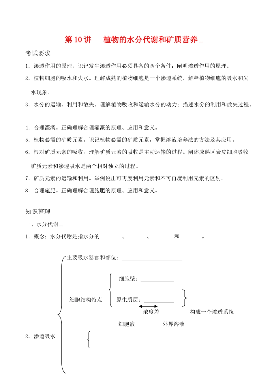 高考生物第一轮系列讲座 第10讲  植物的水分代谢和矿质营养_第1页