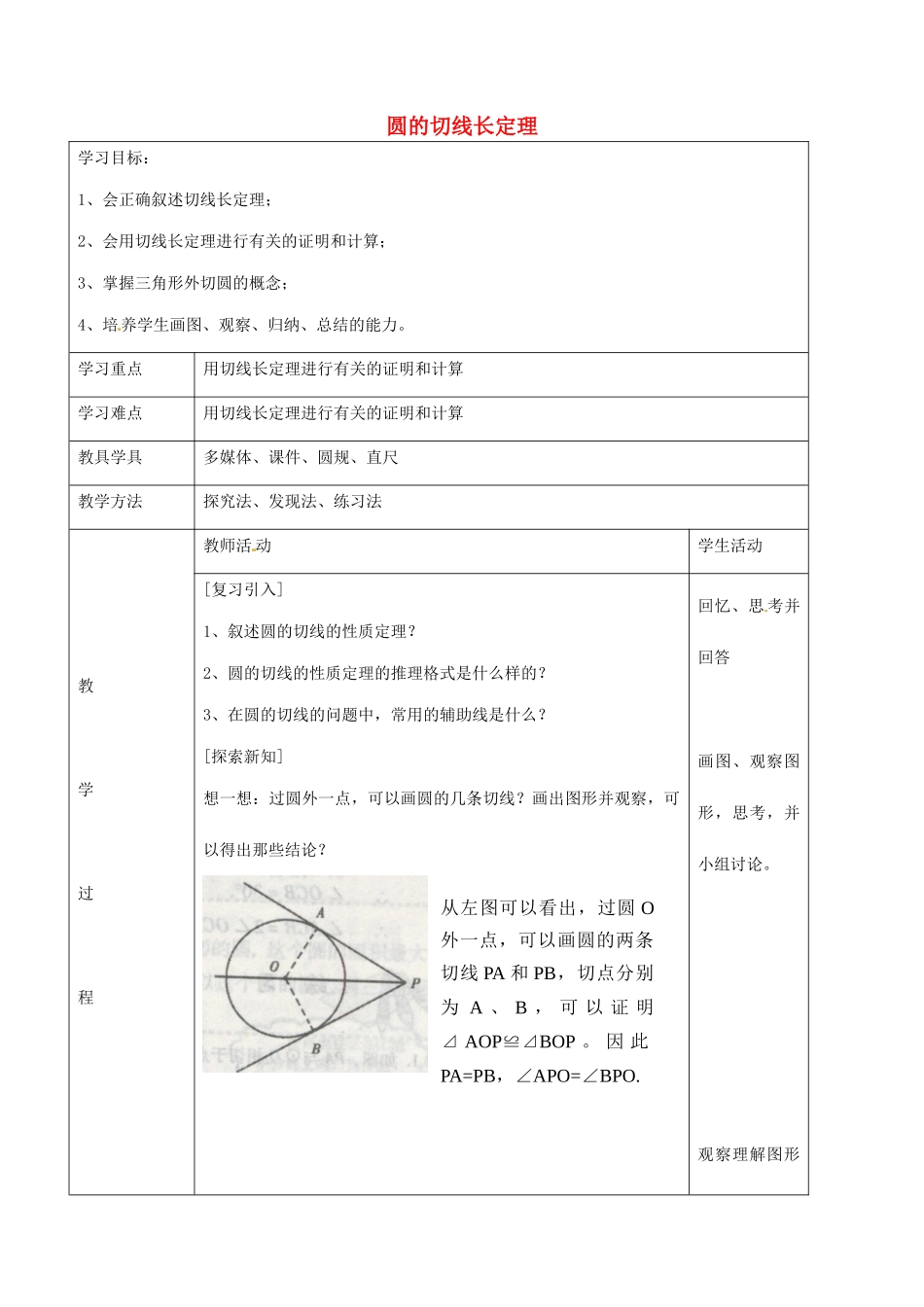 九年级数学下册 24.2 圆的切线长定理教案 京改版-人教版初中九年级下册数学教案_第1页