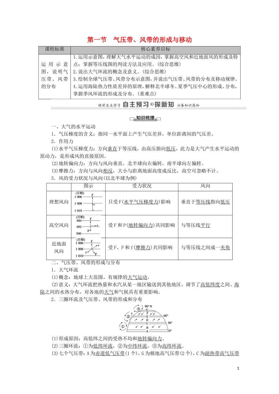高中地理 第3章 大气的运动 第1节 气压带、风带的形成与移动教案 湘教版选择性必修第一册-湘教版高中选择性必修第一册地理教案_第1页