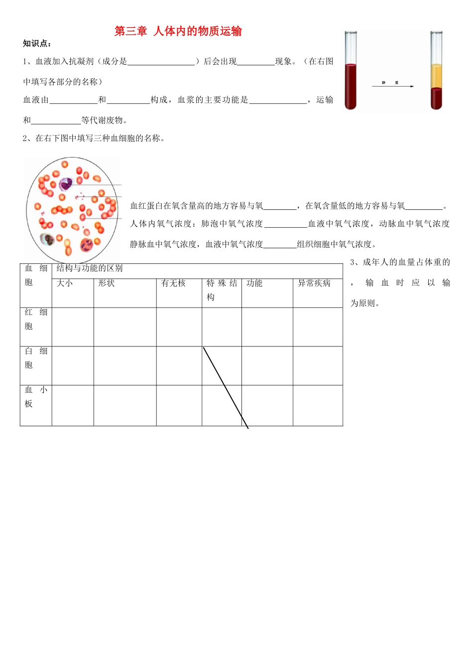 七年级生物下册 3.3 人体内物质的运输导学案（无答案）（新版）济南版_第1页