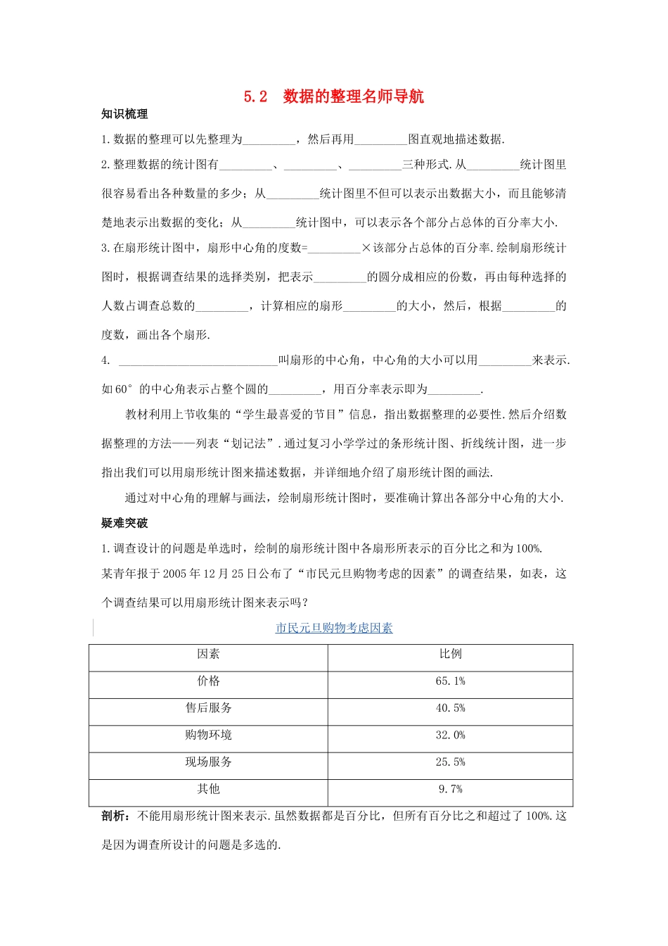七年级数学上册 名师导航 5.2 数据的整理 沪科版_第1页