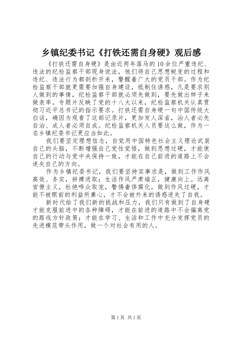 乡镇纪委书记《打铁还需自身硬》观后感 _第1页