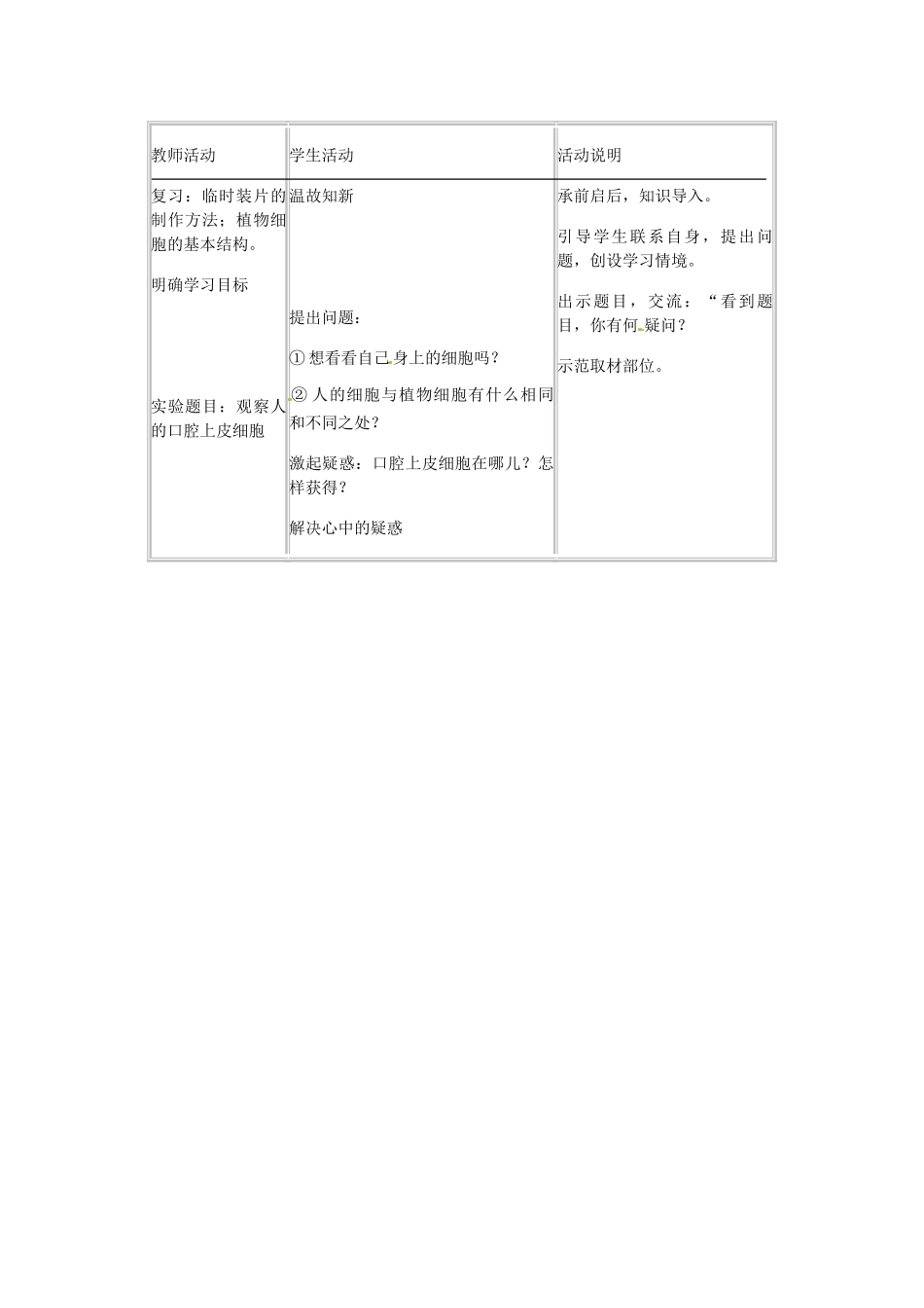 山东省龙口市诸由观镇诸由中学七年级生物上册 第二单元 第一章 第三节 观察动物细胞教案 新人教版_第2页