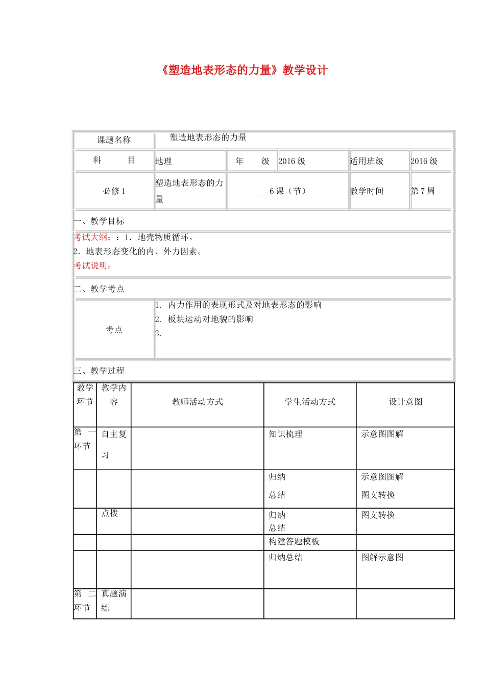 高中地理上学期第七周 塑造地表形态的力量教学设计-人教版高中全册地理教案_第1页