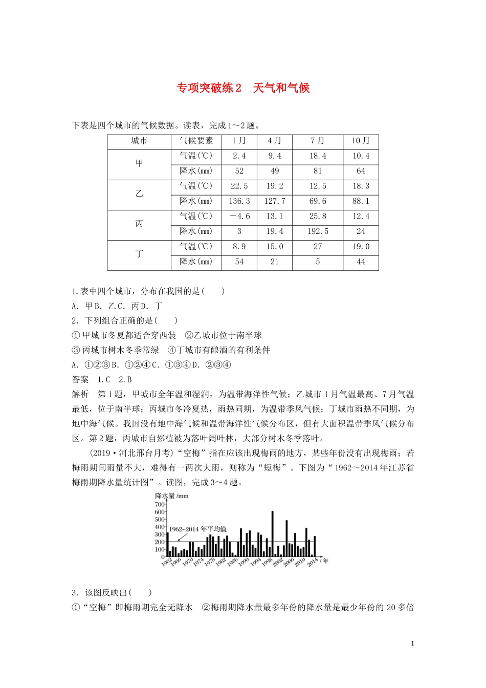 （鲁京津琼）高考地理大一轮复习 第三章 地球上的大气 专项突破练2 天气和气候教案（含解析）新人教版必修1-新人教版高三必修1地理教案_第1页