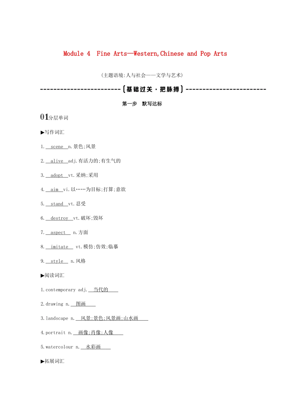 高考英语一轮复习 第一部分 教材要点 Module 4 Fine Arts—WesternChinese and Pop Arts词句通关教案 外研版必修2-外研版高三必修2英语教案_第1页