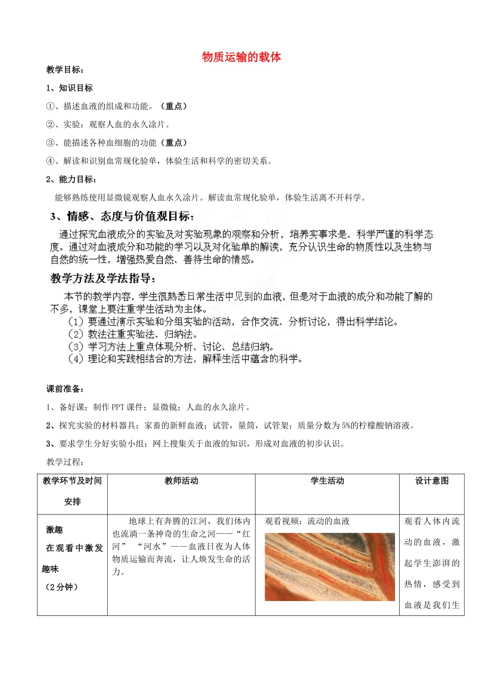 七年级生物下册 第3单元 第3章 第1节 物质运输的载体（第1课时）教案2 （新版）济南版_第1页