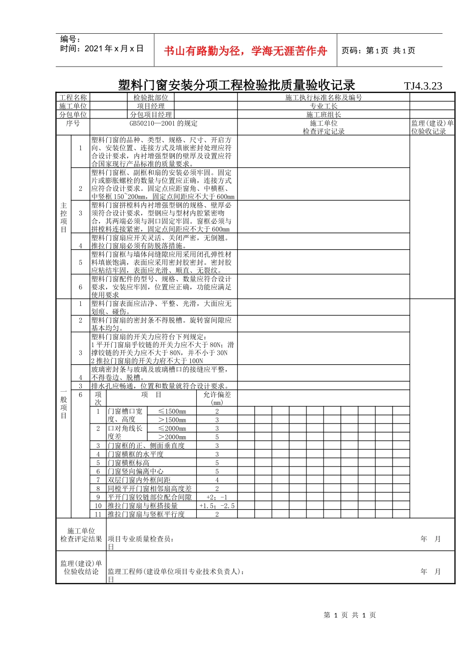 162 塑料门窗安装分项工程检验批质量验收记录TJ4-3-23_第1页