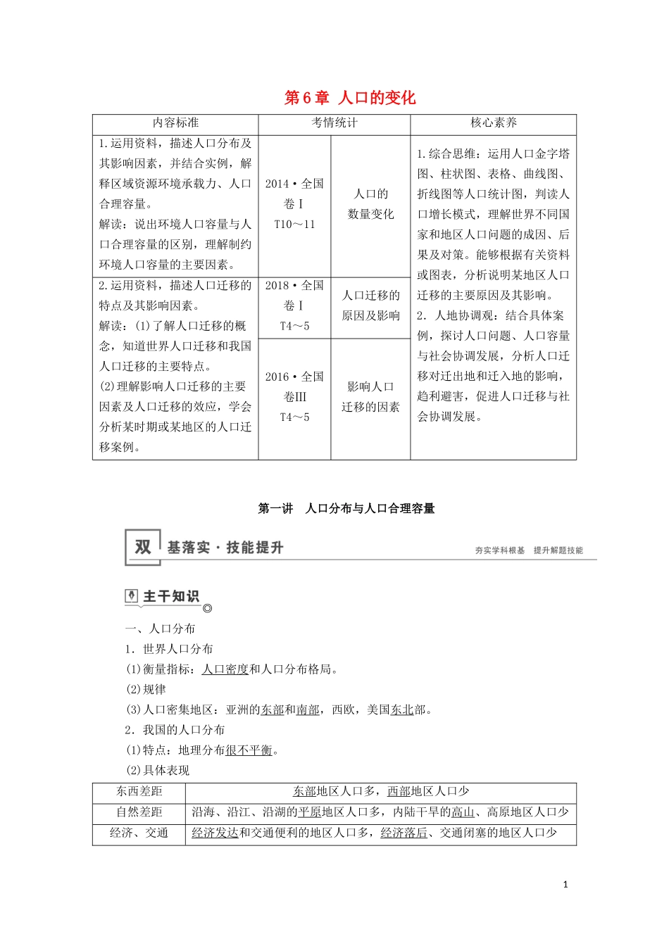 （山东专用）高考地理一轮总复习 第6章 人口的变化 第一讲 人口分布与人口合理容量教案（含解析）鲁教版-鲁教版高三全册地理教案_第1页
