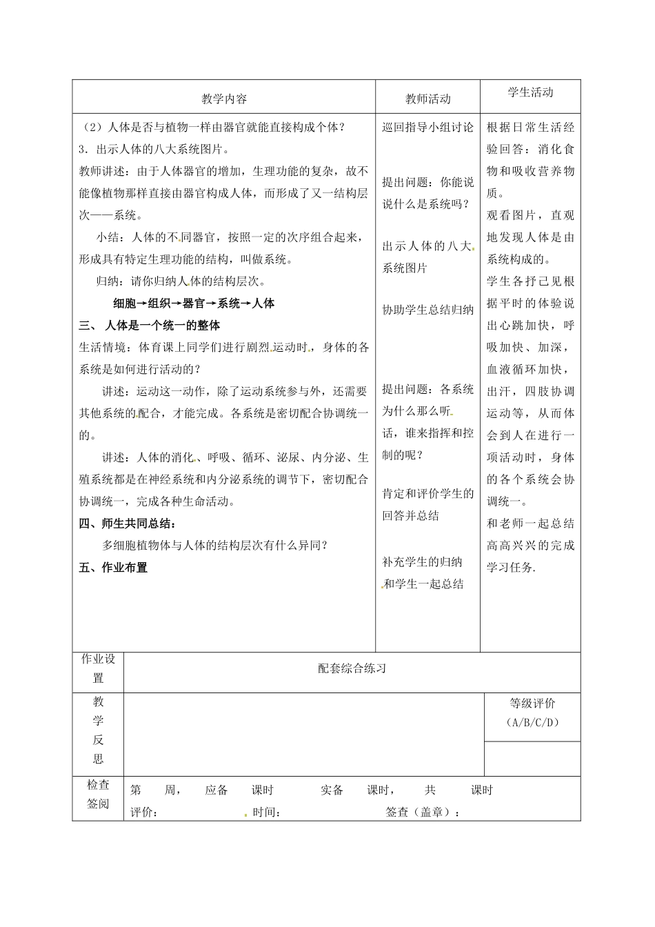 七年级生物上册 第4章 第2节 多细胞生物体的组成教案2 苏教版-苏教版初中七年级上册生物教案_第2页