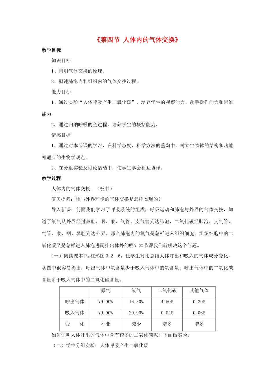 七年级生物下册 第十章 第四节 人体内的气体交换教案3 （新版）苏教版_第1页