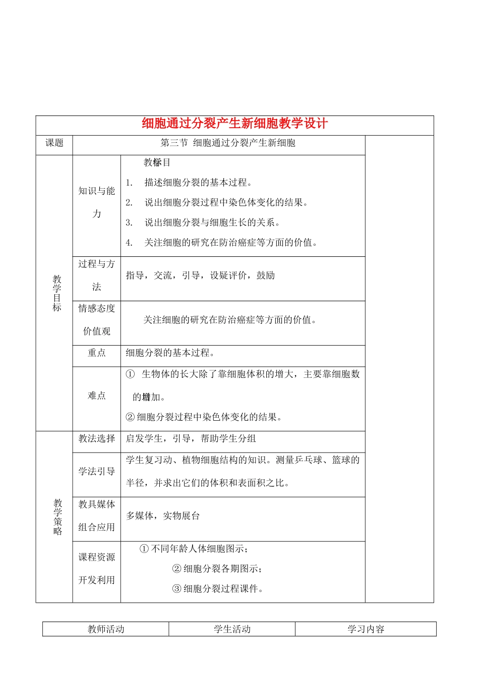 七年级生物上册 2.2.3细胞通过分裂产生新细胞教学设计 人教版_第1页