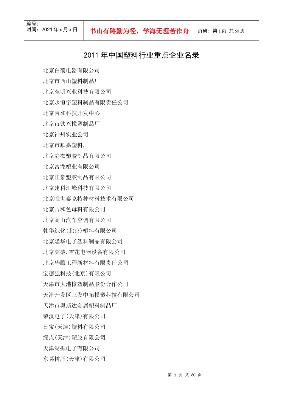 XXXX年中国塑料行业重点企业名录_第1页