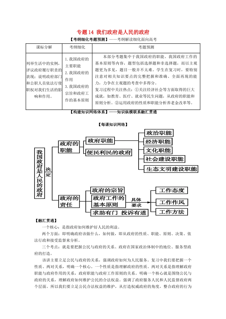 高考政治一轮复习 专题14 我们政府是人民的政府（讲）（含解析）新人教版必修2-新人教版高三必修2政治教案_第1页