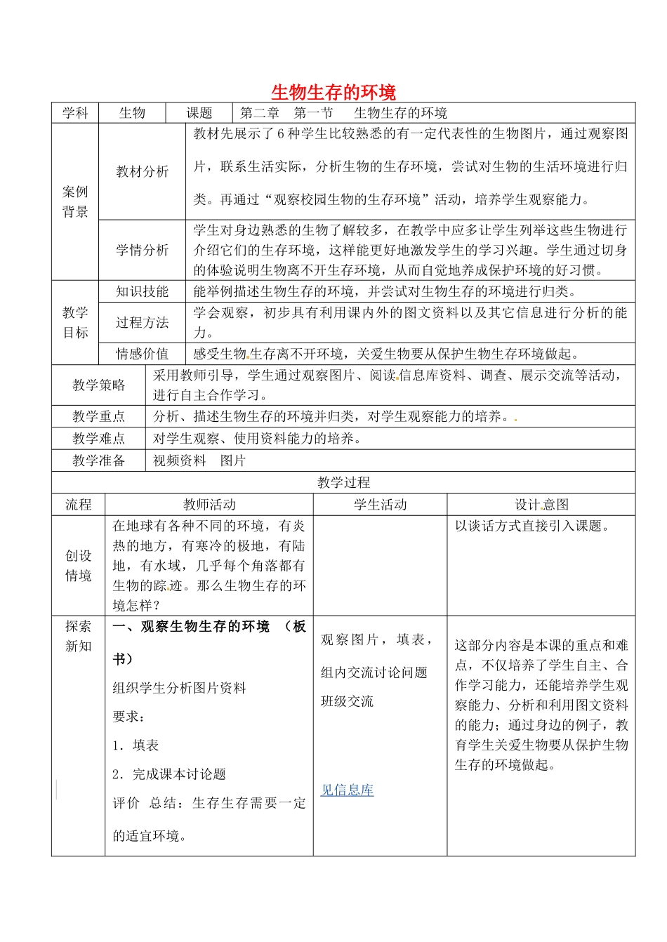 七年级生物上册 2.2.1 生物生存的环境教案 （新版）苏科版-（新版）苏科版初中七年级上册生物教案_第1页