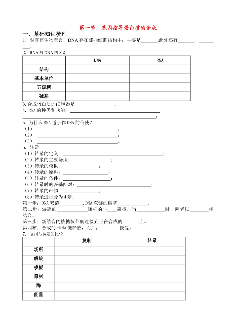 高中生物第一节  基因指导蛋白质的合成教案人教版必修二_第1页