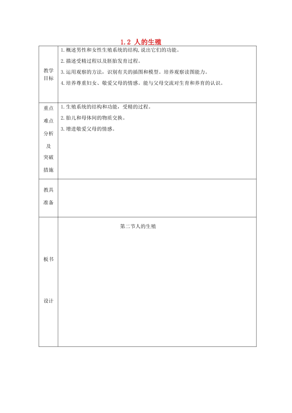 山东省龙口市诸由观镇诸由中学七年级生物下册 1.2 人的生殖教案1 新人教版_第1页