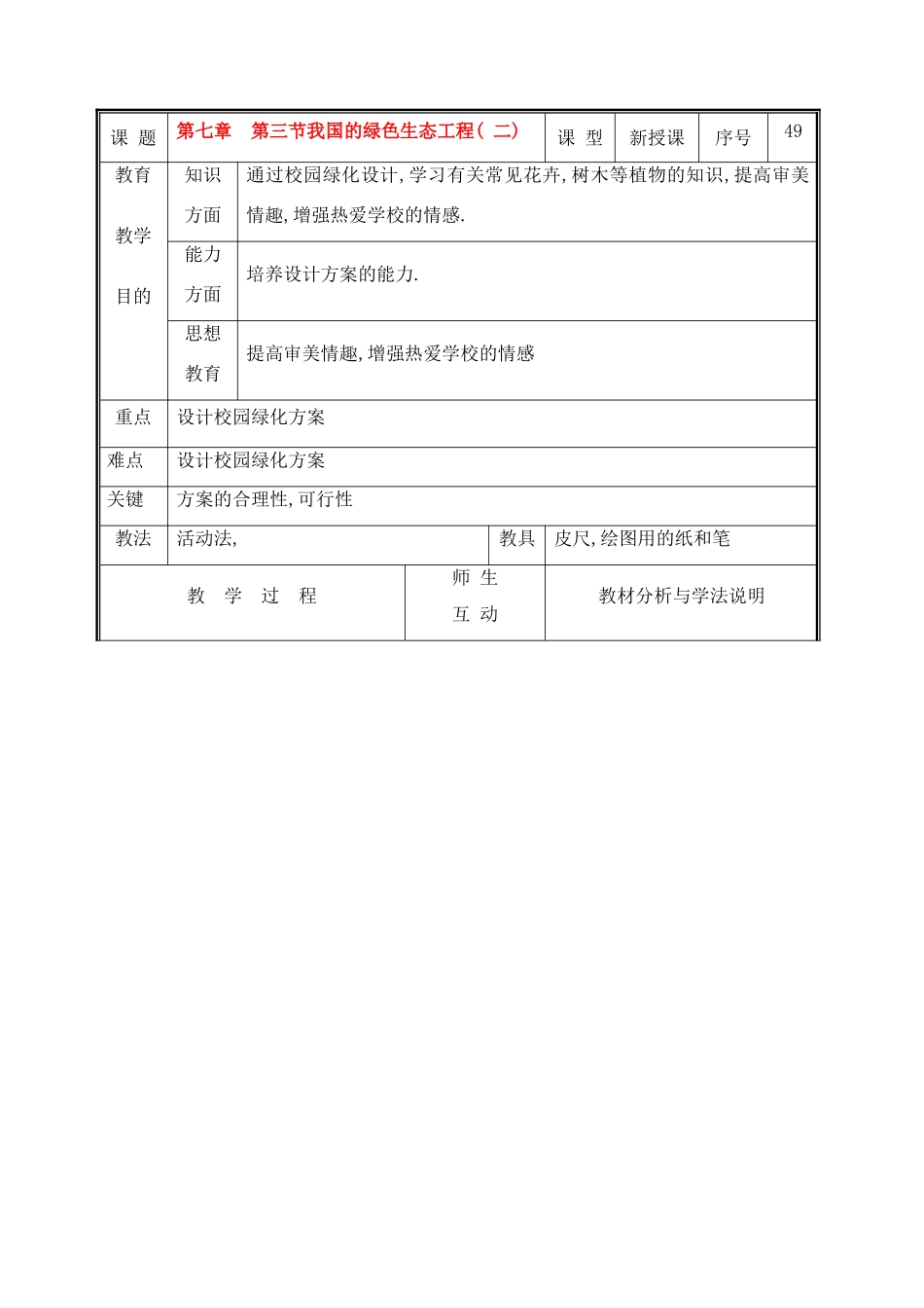 七年级生物上册 第七章 第三节我国的绿色生态工程(二)教案 北师大版_第1页