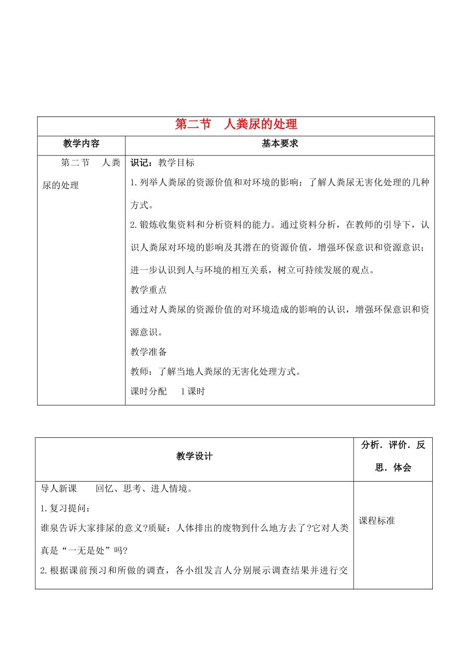 七年级生物下册 5.2 人粪尿的处理教学设计 人教版_第1页