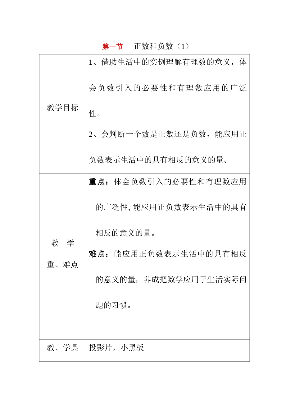 七年级数学上册第一节正数和负数（1）教案人教版_第1页