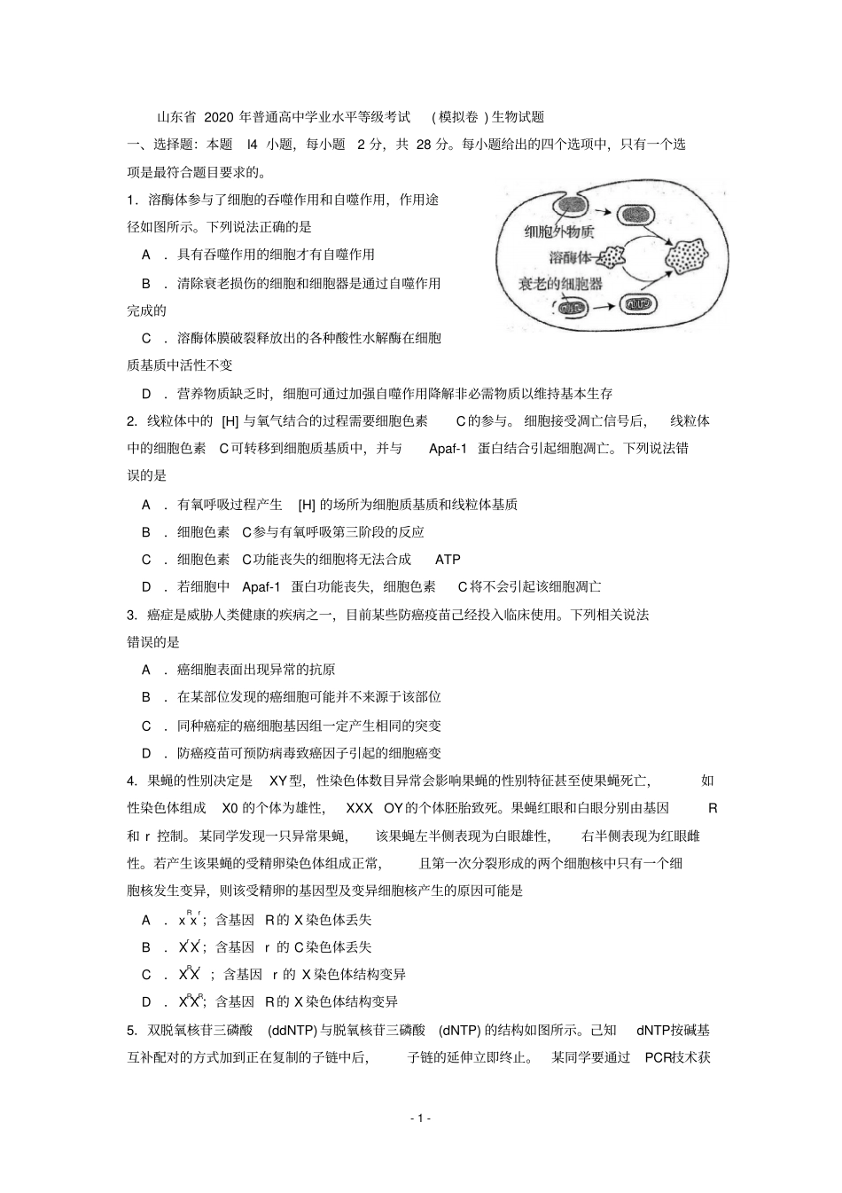 山东省2020年普通高中学业水平等级考试word版带答案_第1页
