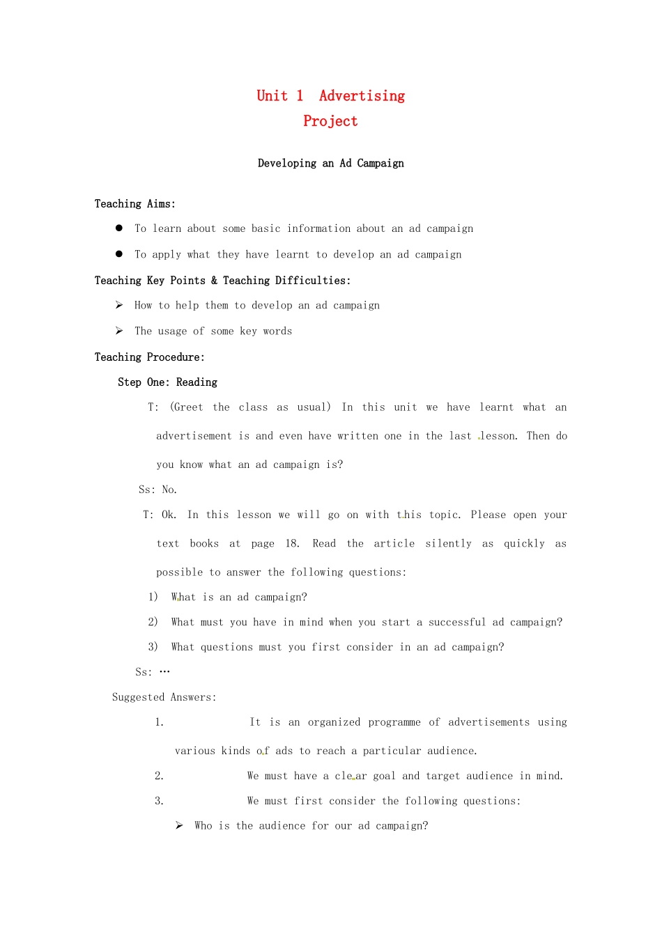 高中英语 Unit 1 Advertisi Project教案 牛津译林版必修4-牛津版高一必修4英语教案_第1页