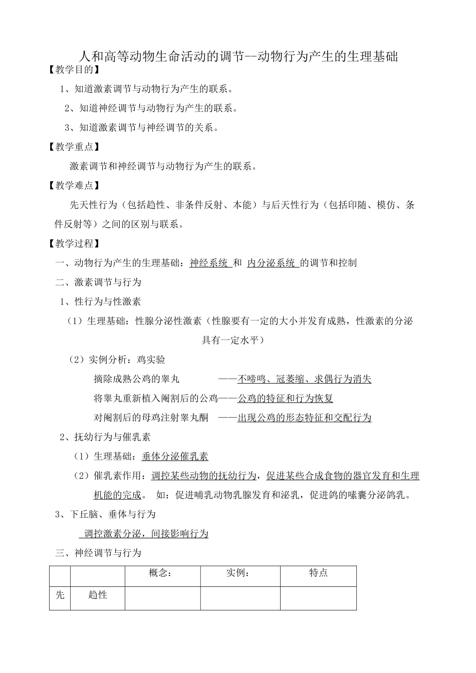 高中生物人和高等动物生命活动的调节 动物行为产生的生理基础教案1人教版 必修1_第1页