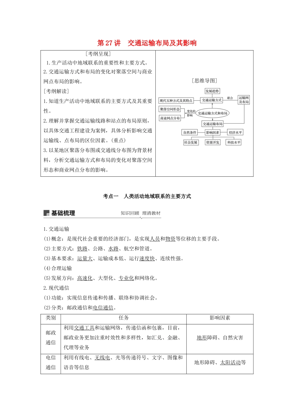 高考地理新导学大一轮复习 第二册 第四单元 人类活动的地域联系 第27讲 交通运输布局及其影响讲义（含解析）鲁教版-鲁教版高三第二册地理教案_第1页