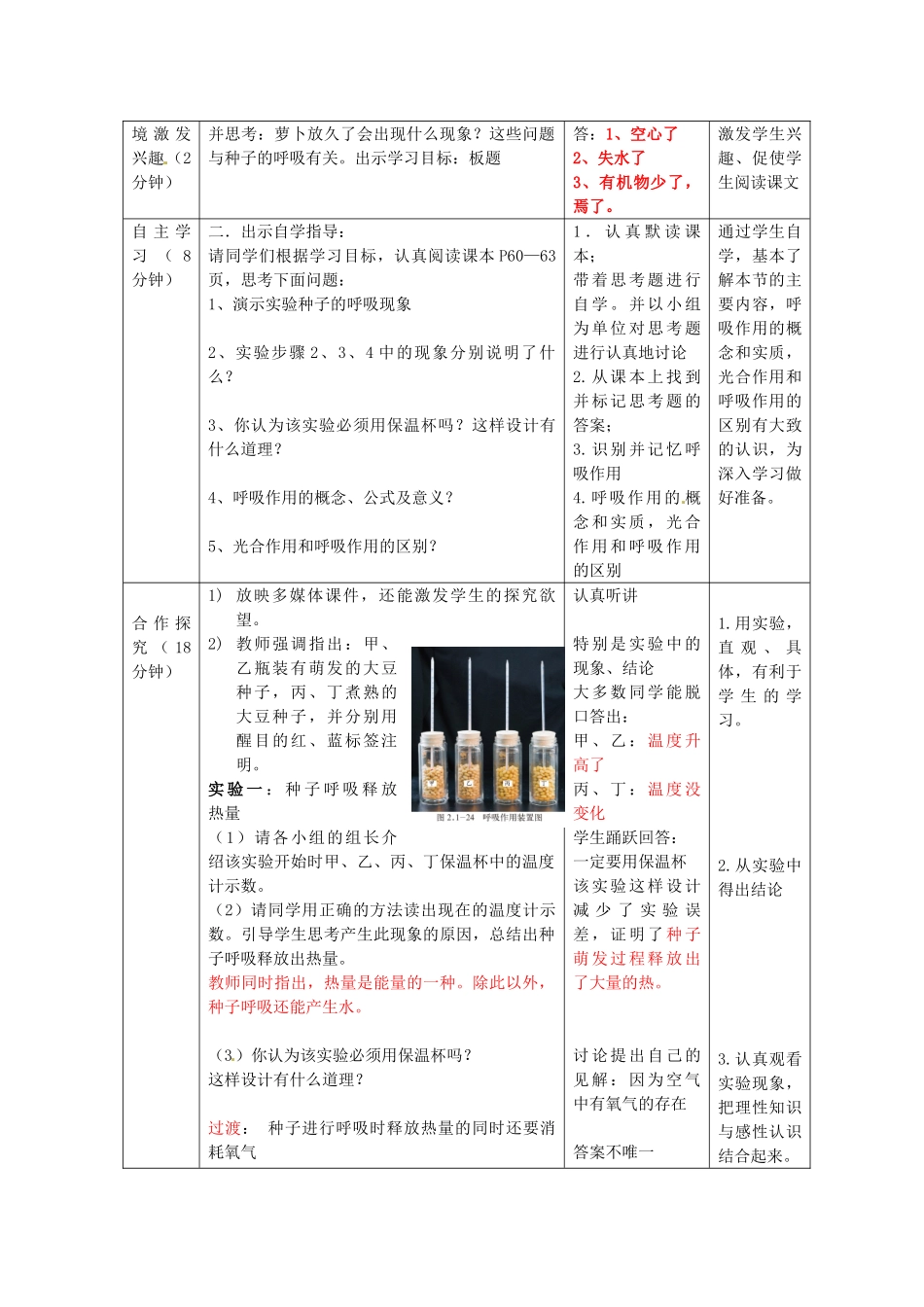 山东省滨州市博兴县吕艺镇第一中学七年级生物上册《第四节 绿色植物的呼吸作用》教案 新人教版_第2页