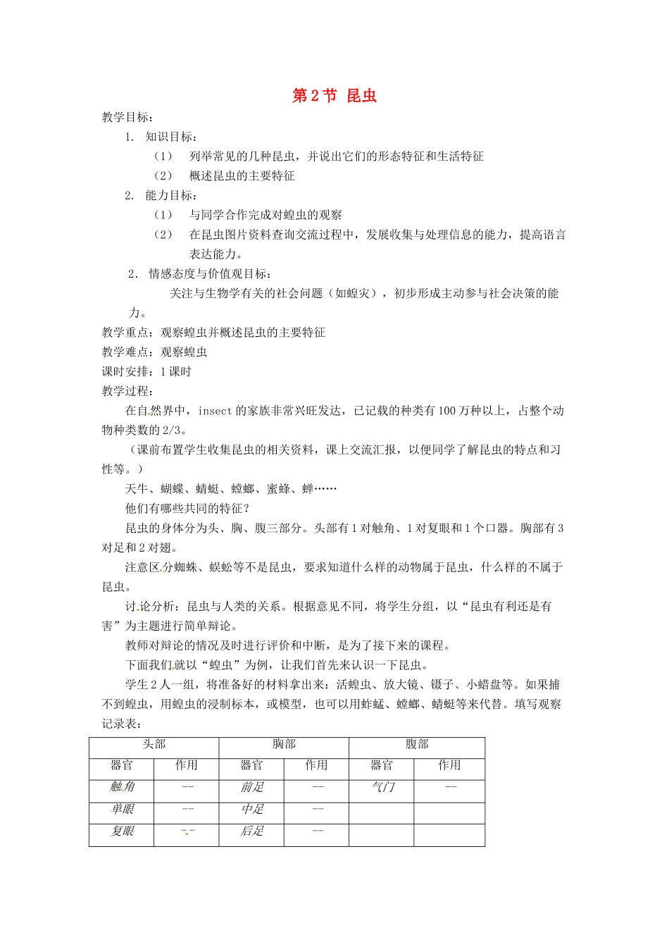 七年级生物下册 11.2《昆虫》教案 苏科版_第1页