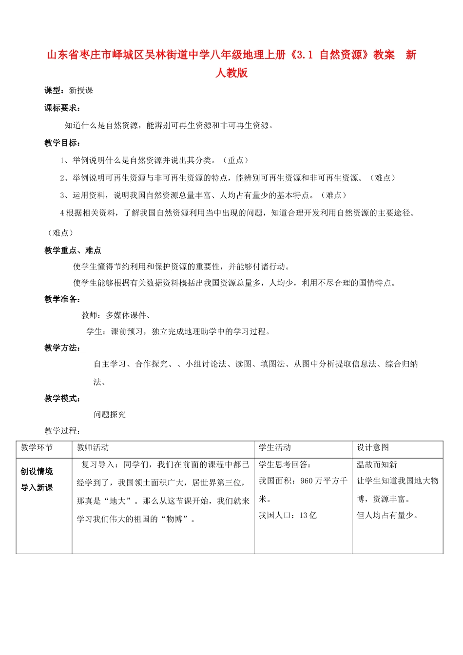 山东省枣庄市峄城区吴林街道中学八年级地理上册《3.1 自然资源》教案  新人教版_第1页
