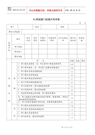 XX宾馆部门经理月考评表