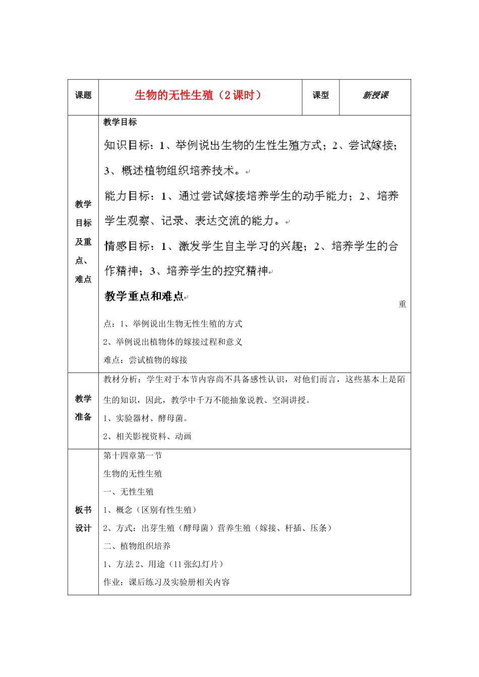 辽宁省开原五中八年级生物《生物的无性生殖》教案 新人教版_第1页