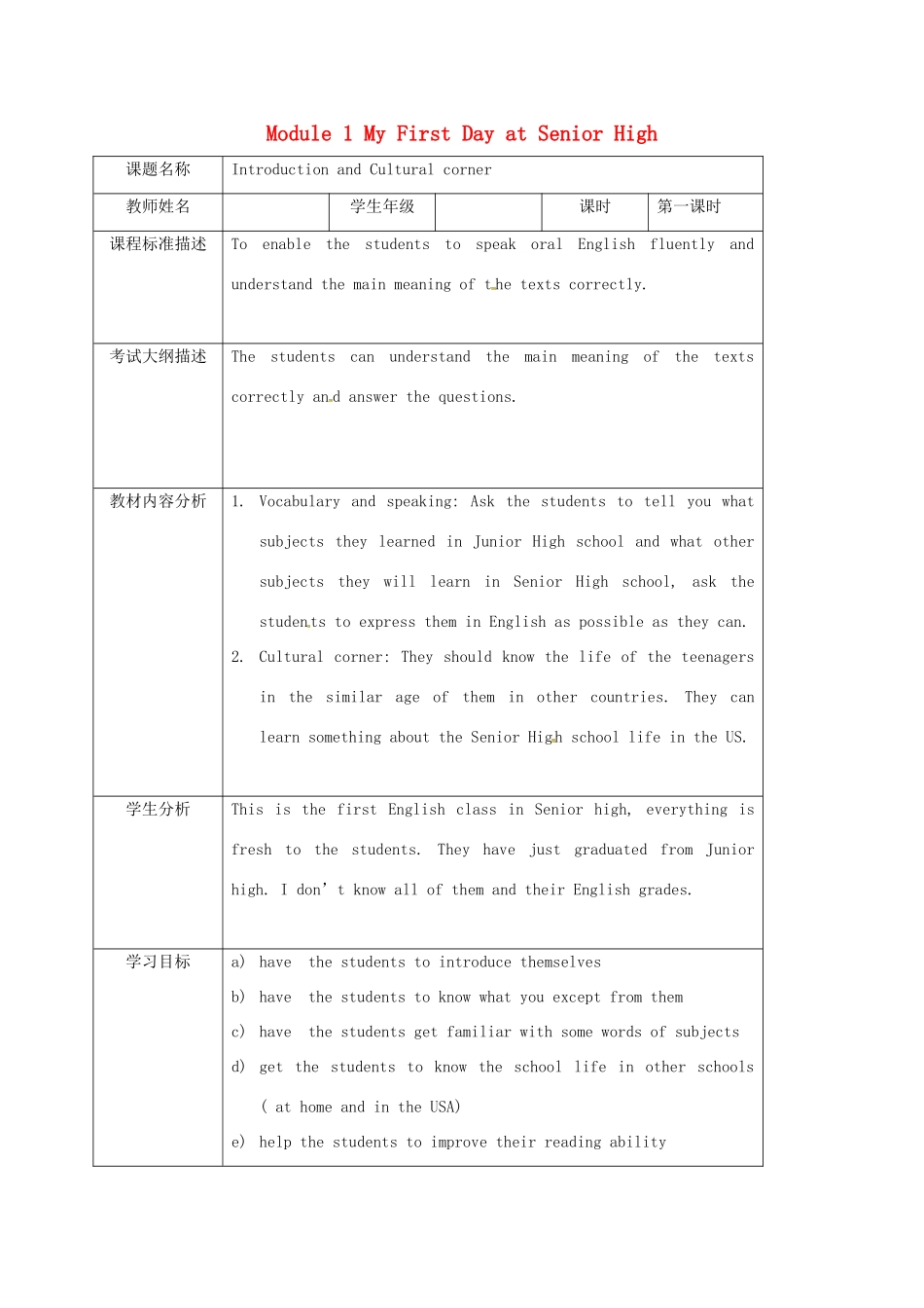 高中英语 Module 1 My First Day at Senior High 1教案 外研版必修1-外研版高一必修1英语教案_第1页